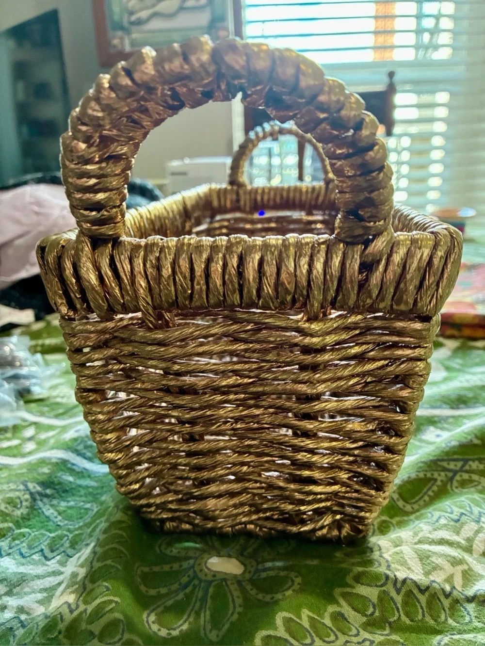 Metallic Gold Woven Abaca Rope Basket, Late 20th Century Rectangle with Handles.